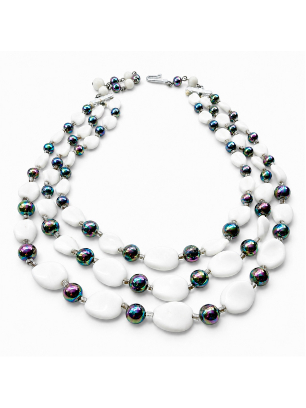 Vintage Milk Glass Necklace, Peacock Carnival Glass Beaded Collar, Triple Strand